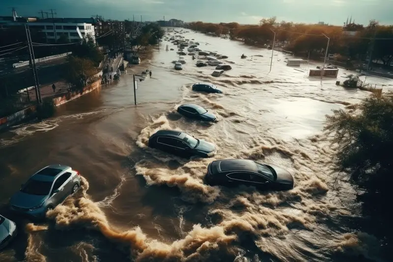 Flash Flood on Road with Cars
