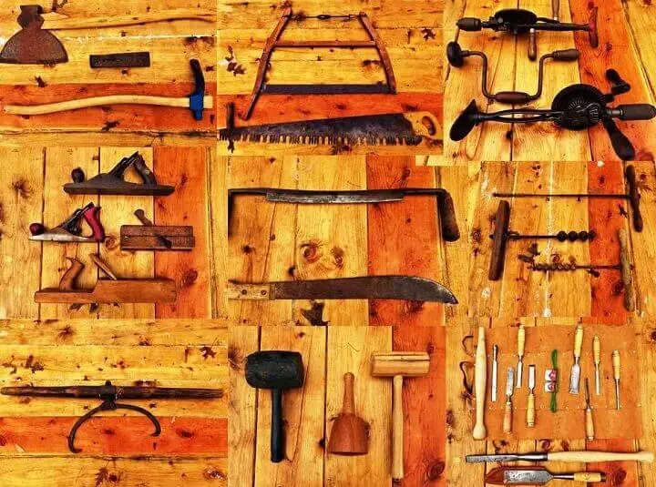 Tools on Wood Background